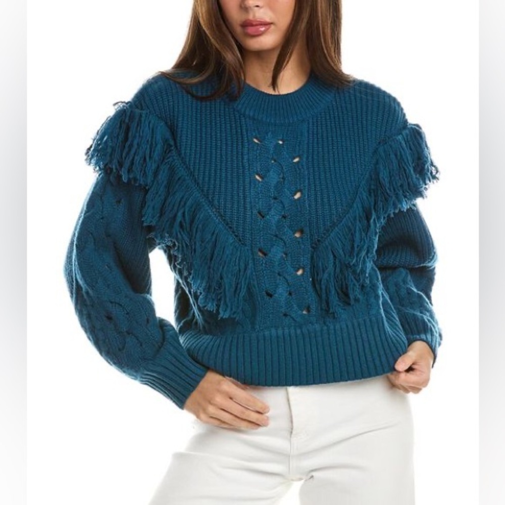 Equipment Femme Amira Sweater Deep Lagoon Blue Fringe Chunky Knit Wool Cashmere - Picture 7 of 8